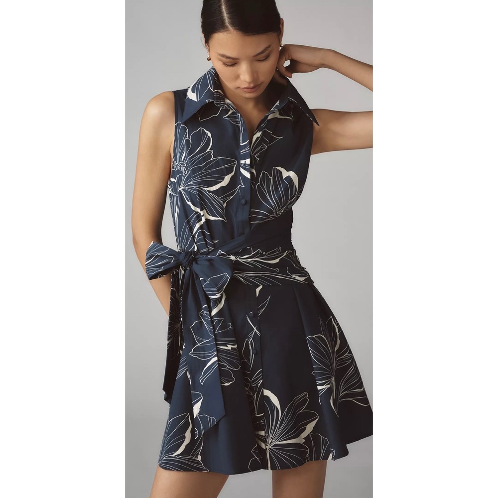 Hutch Navy Blue Floral Sleeveless Button Down Mini Shirt Dress with Pockets S